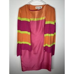 Vintage Victoria Holley Sz 4 100% Silk Pink Sheath Dress Cardigan Set Easter